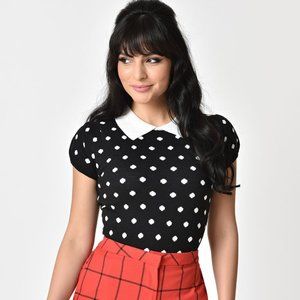 Unique Vintage Black & White Polka Dot Cotton Knit Short Sleeve Sweater